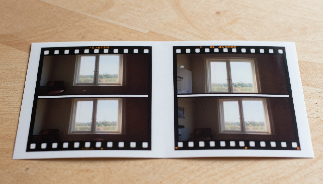 Two filmstrip contact sheets laid side by side on a wooden table in morning light Two filmstrip contact sheets laid side by side on a wooden table in morning light