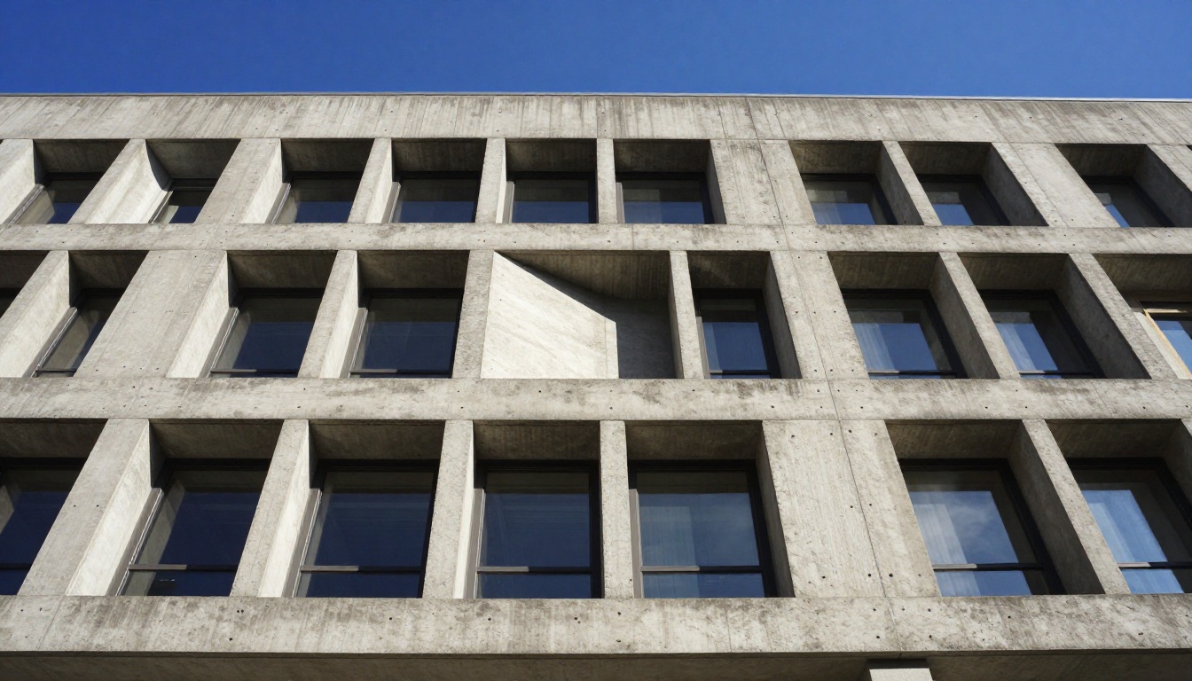 Low-angle brutalist concrete architecture with sharp geometric shadows under hard midday sunlight