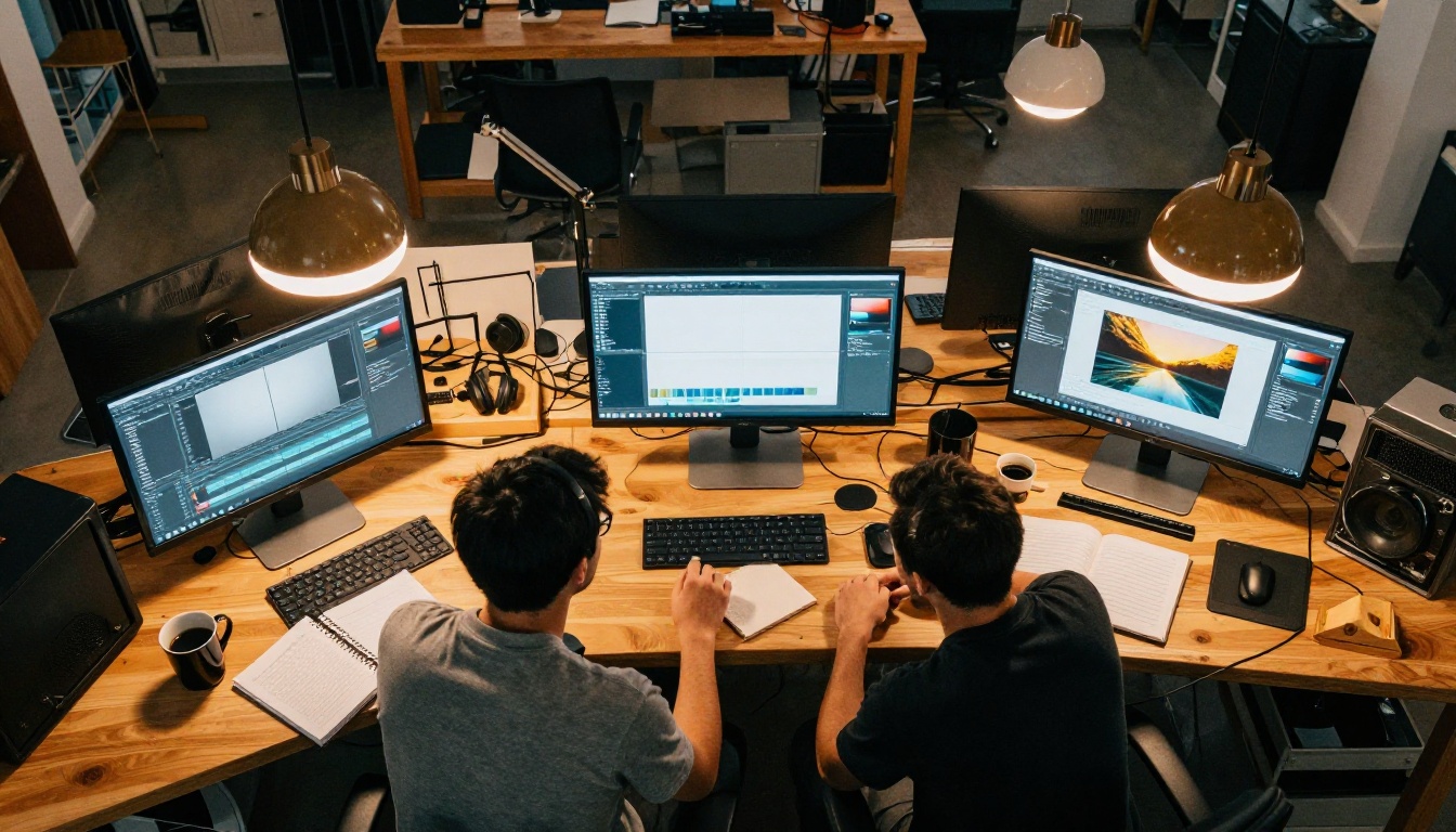 Aerial top-down view of creative studio workspace with team collaborating over multiple monitors