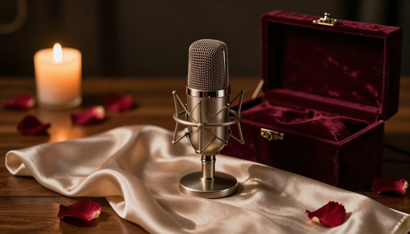 An intimate ASMR recording still-life with a ribbon microphone, silk fabric, rose petals, and candlelight on dark wood An intimate ASMR recording still-life with a ribbon microphone, silk fabric, rose petals, and candlelight on dark wood