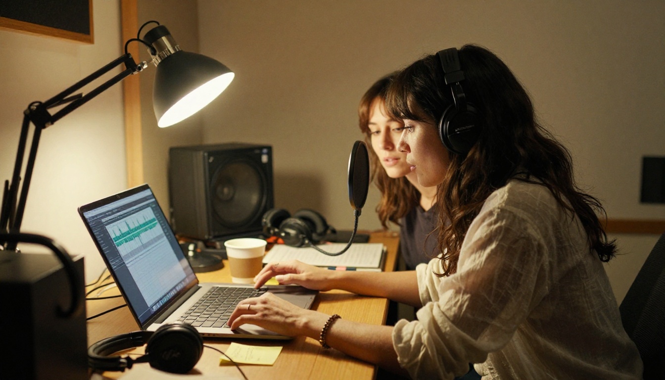 Two women in a collaborative home studio session, one near the microphone while the other watches the waveform on a laptop Two women in a collaborative home studio session, one near the microphone while the other watches the waveform on a laptop