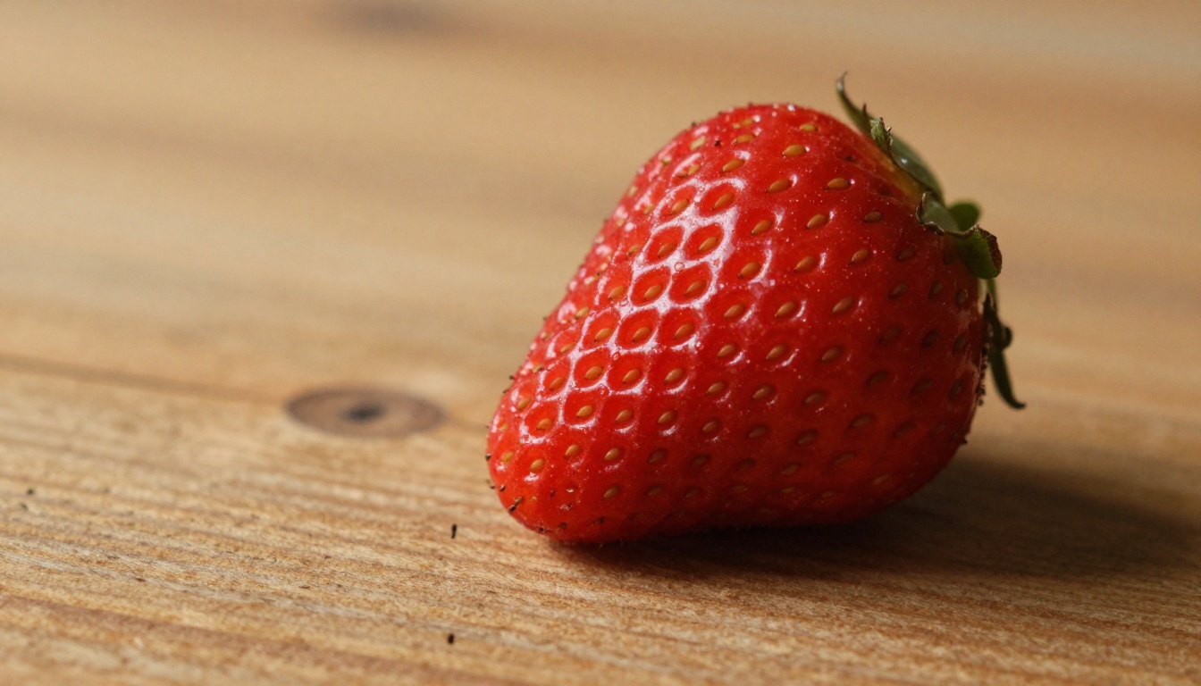 Extreme close-up macro photograph of a red strawberry on rough oak, with fine seed texture and natural surface moisture