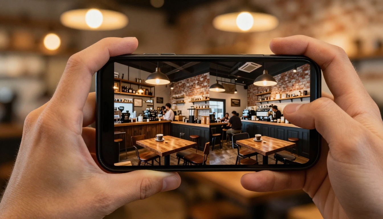 Hand holding smartphone displaying side-by-side AI video comparison in warm coffee shop setting