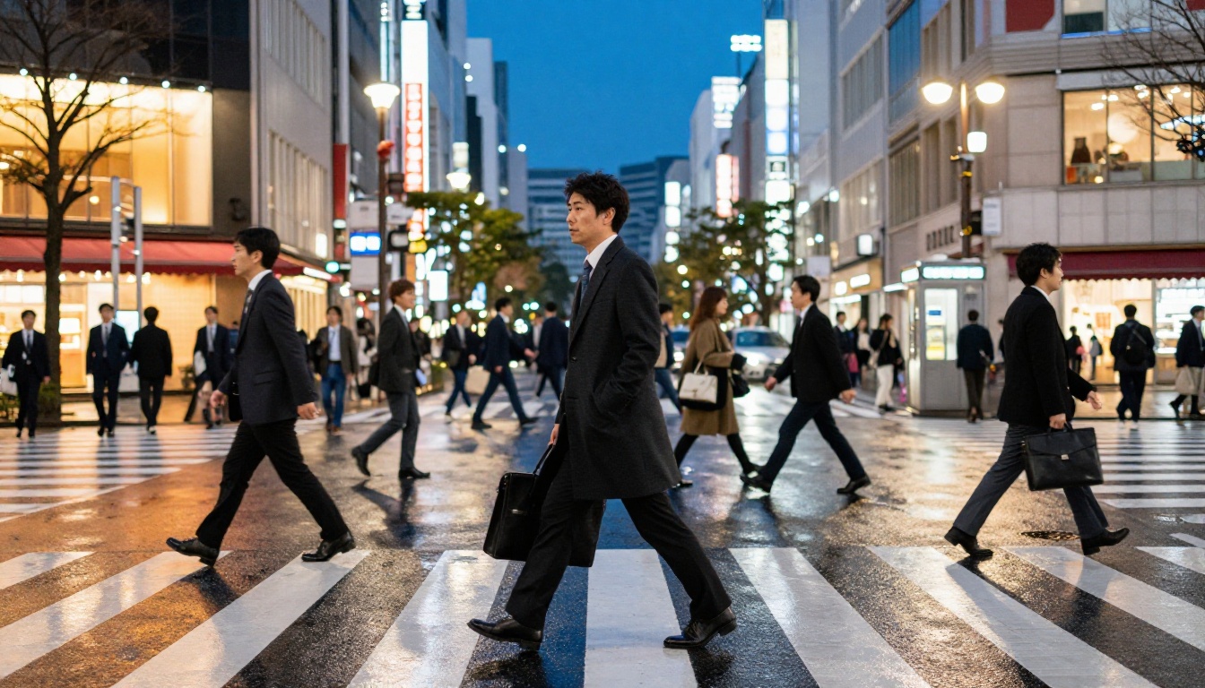 Tokyo street crossing at blue hour with pedestrians mid-stride, neon reflections on wet asphalt
