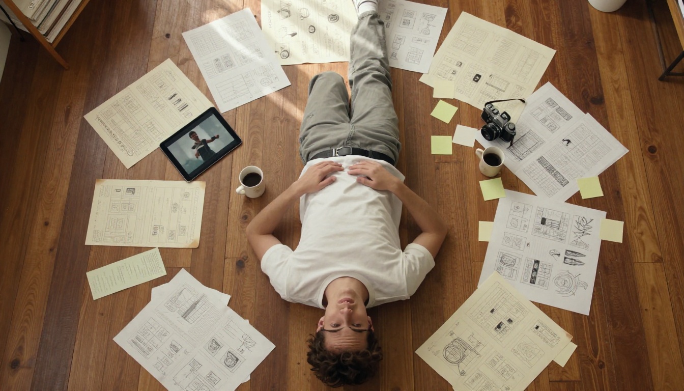 Creative director lying on studio floor surrounded by storyboards and planning materials