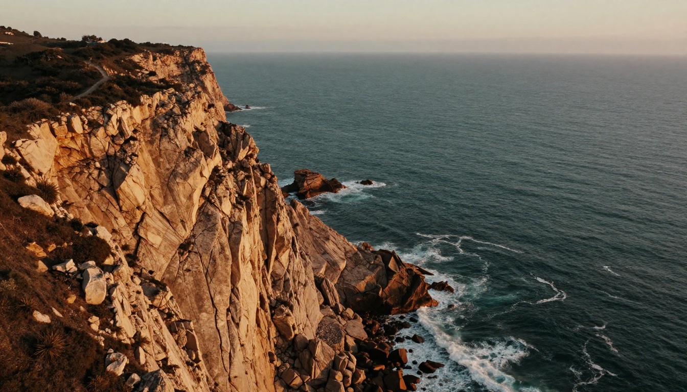 Aerial coastal clifftop landscape at golden hour with dramatic rock formations and teal ocean