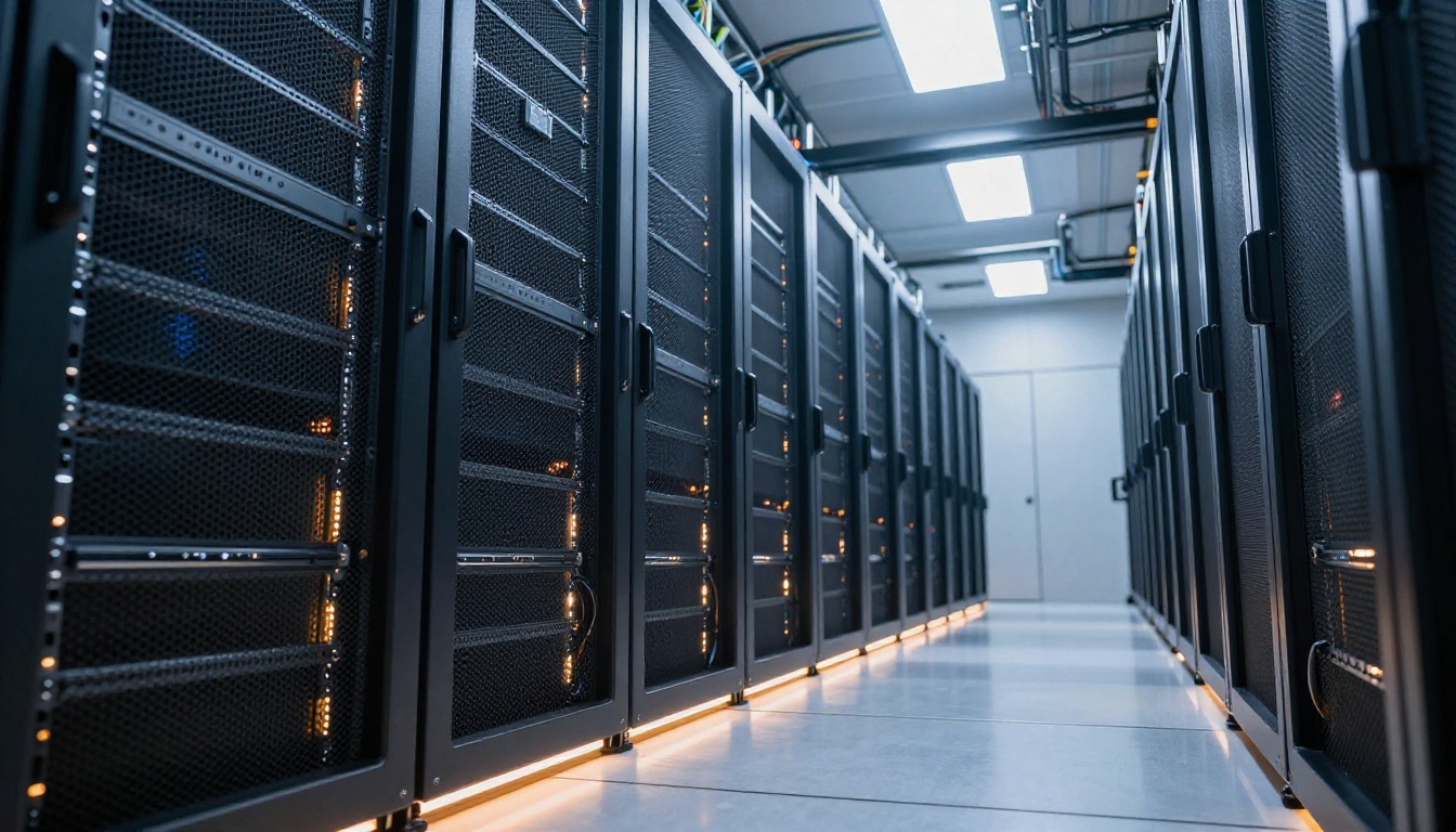 Low-angle view of data center server corridor with illuminated racks