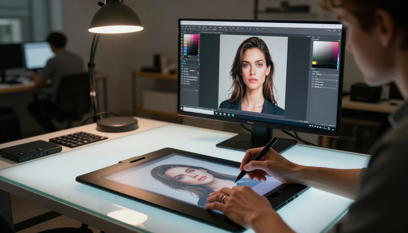 Graphic designer's hands making fine adjustments to an AI portrait on a professional drawing tablet