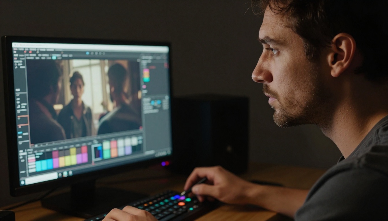 Focused filmmaker at color-grading workstation reviewing cinematic footage