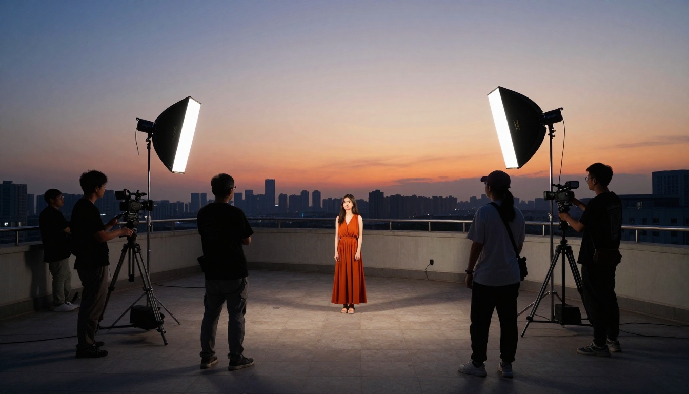 Video production crew setting up interview shot on rooftop at dusk with city panorama