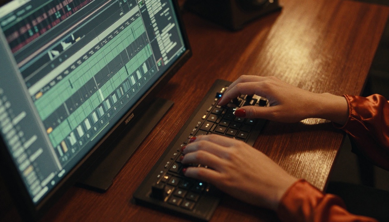 Audio waveform interface on a studio monitor with a woman's hand reaching toward the trackpad