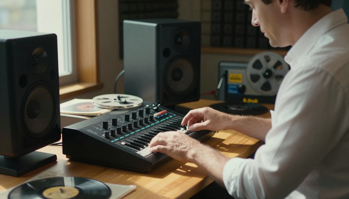 A sound engineer adjusting studio monitor speakers in a professional broadcast studio with vinyl records
