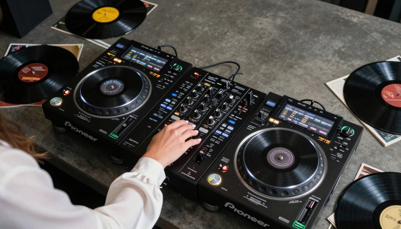 Aerial top-down shot of a DJ mixing setup with vinyl records and a woman's hand on the crossfader Aerial top-down shot of a DJ mixing setup with vinyl records and a woman's hand on the crossfader