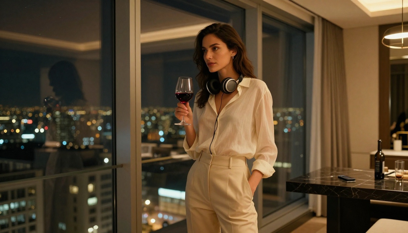 A confident woman in a sheer cream blouse at floor-to-ceiling windows with a nighttime cityscape A confident woman in a sheer cream blouse at floor-to-ceiling windows with a nighttime cityscape
