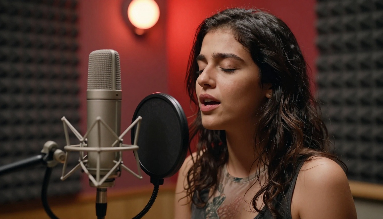 Close-up portrait of a female vocalist singing into a large-diaphragm condenser microphone in a recording booth Close-up portrait of a female vocalist singing into a large-diaphragm condenser microphone in a recording booth