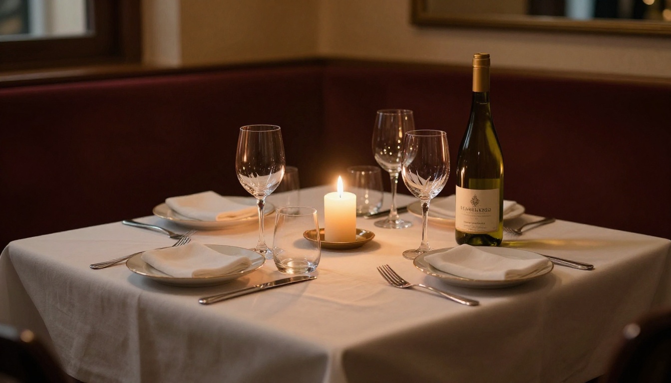 A romantic candlelit dinner table in an upscale private restaurant with fine china and crystal glasses A romantic candlelit dinner table in an upscale private restaurant with fine china and crystal glasses