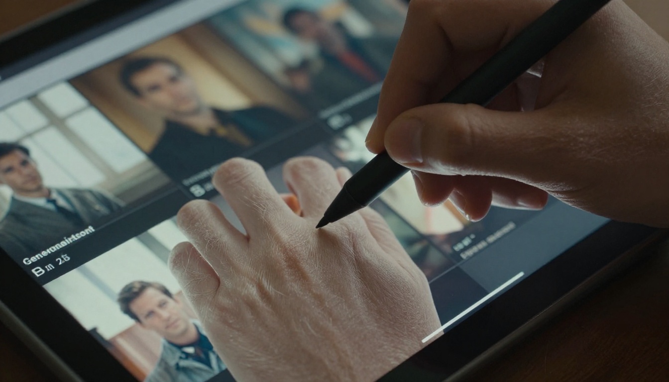 Hand using stylus on AI video prompt tablet interface