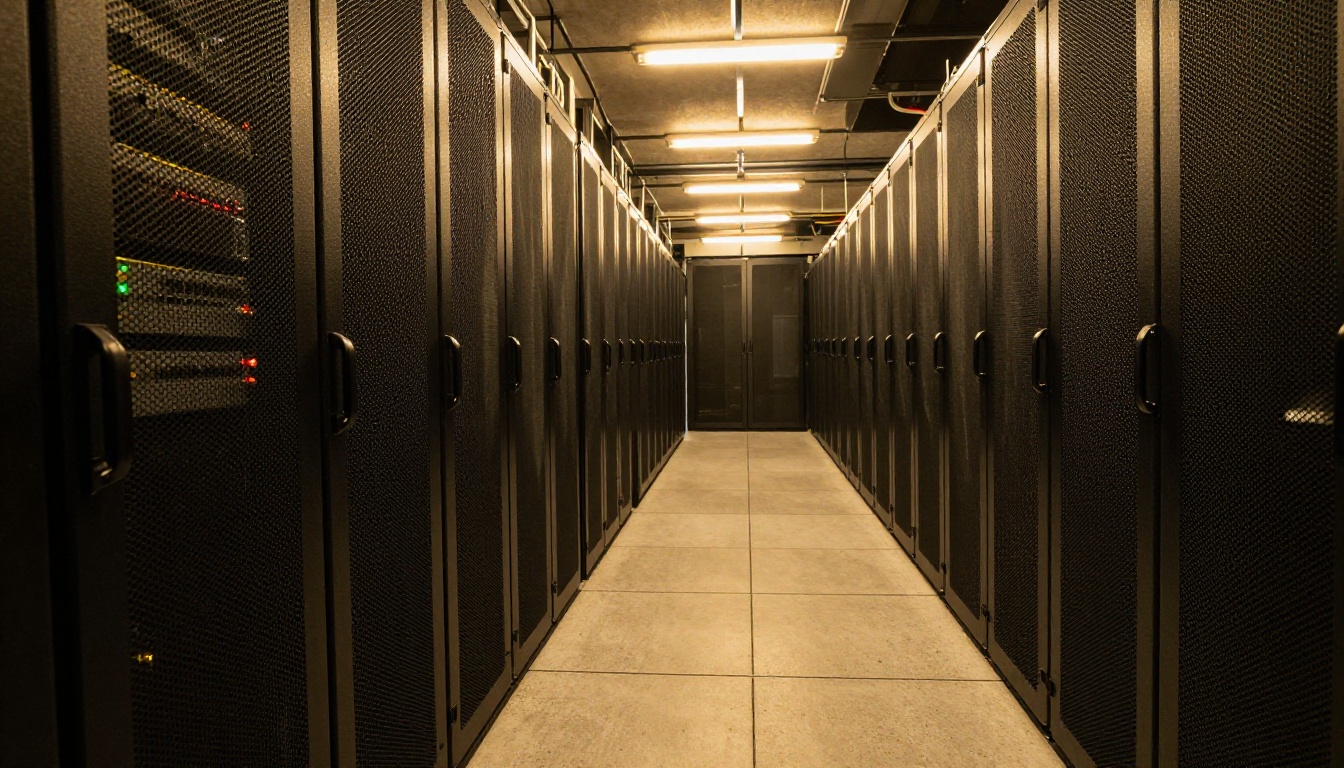 Modern data center server room with warm overhead lighting