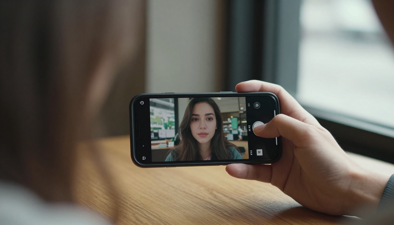 Woman watching AI video on smartphone at cafe window table