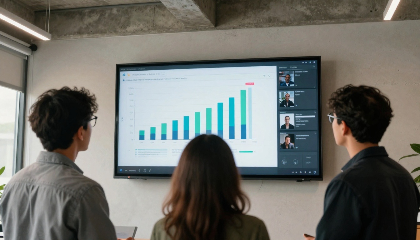 Creative team analyzing AI video comparison on wall display