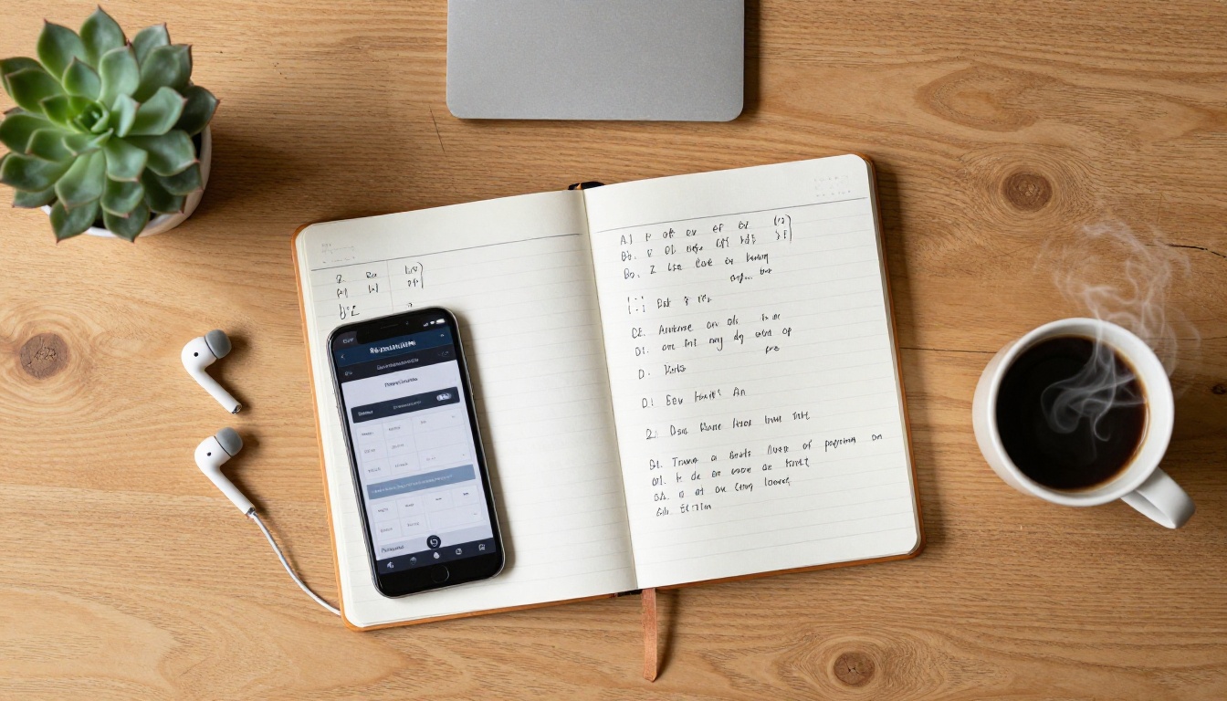 Overhead flat-lay of a music producer's workspace with notebook, smartphone, and coffee