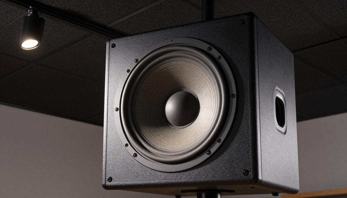 Low-angle shot looking up at a large suspended studio monitor speaker
