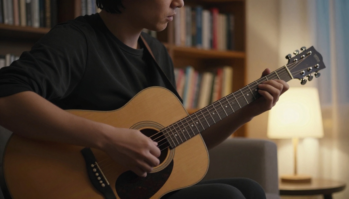 Side profile of a musician playing an acoustic guitar in a dimly lit living room