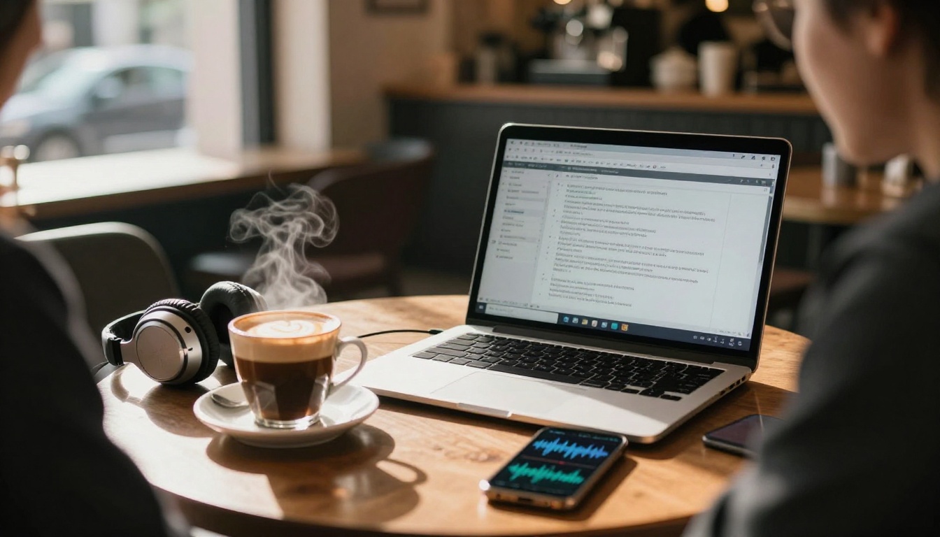 Person sitting at a cafe with laptop showing audio transcription text and over-ear headphones