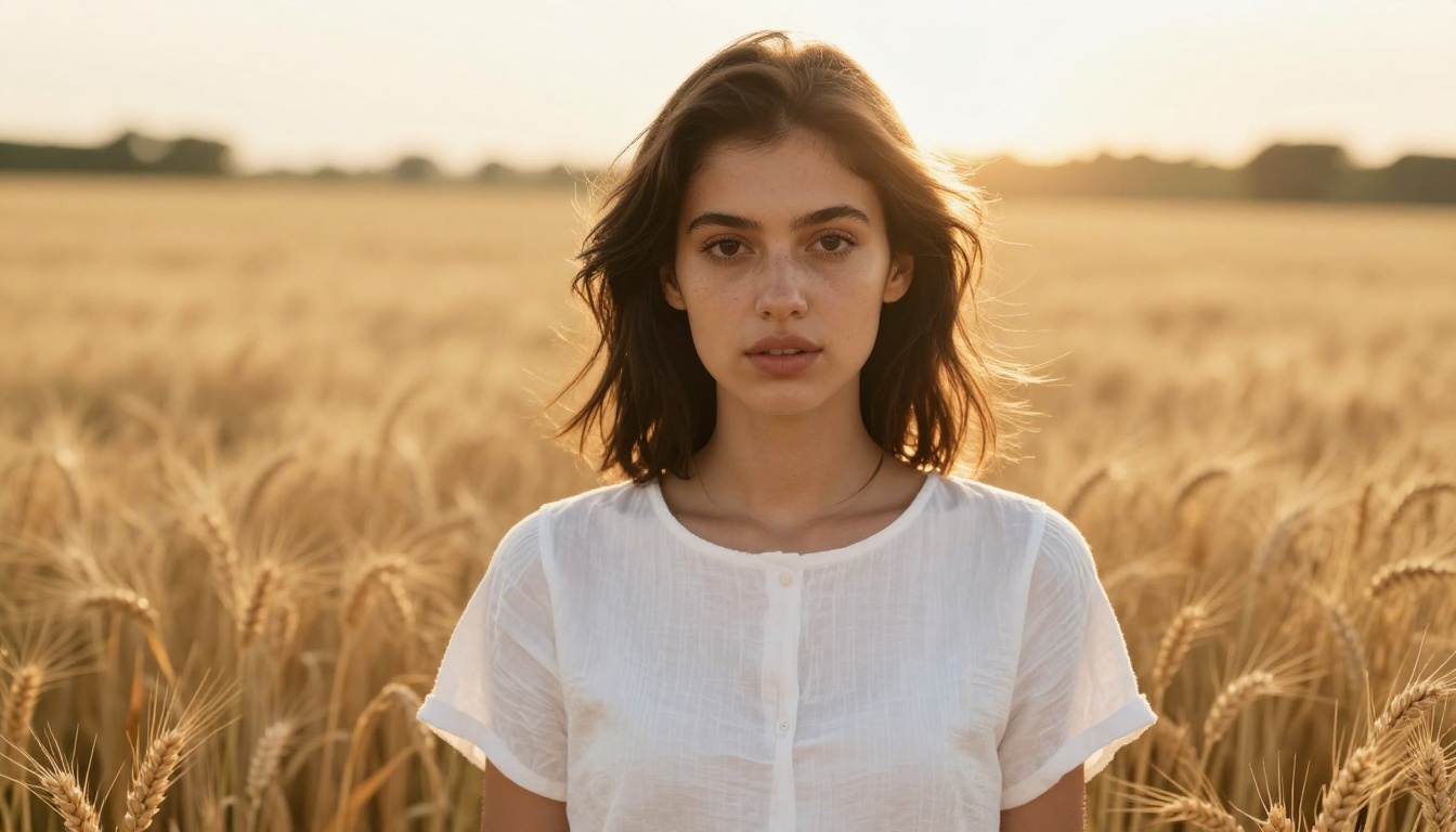 Portrait of a woman in golden wheat field showing the photorealistic detail quality that high-speed AI models compete to deliver