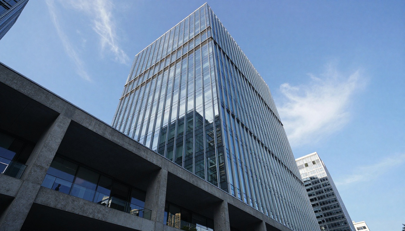 Glass and steel architecture photographed from below showing geometric complexity in AI-generated scenes