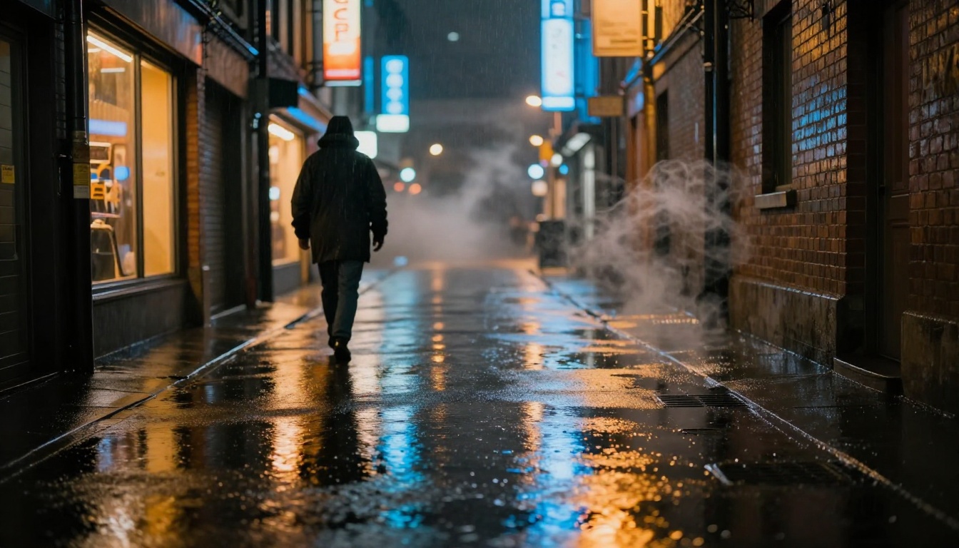 Rain-slicked urban night street scene demonstrating the atmospheric complexity that pushes fast image models to their output limits