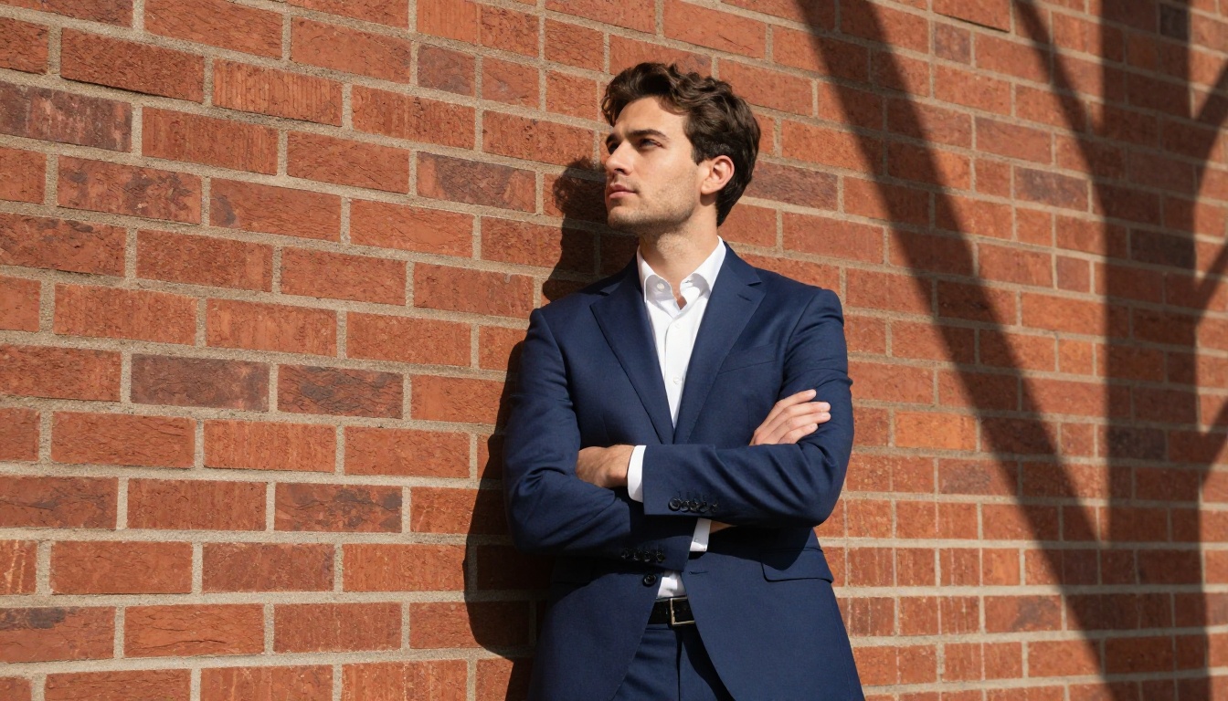 Low angle shot of man in navy suit against brick wall showing fabric and texture detail Low angle shot of man in navy suit against brick wall showing fabric and texture detail