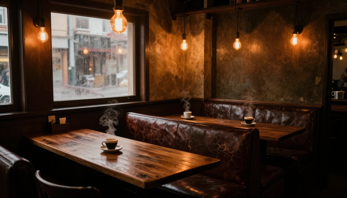 Vintage coffee shop interior with warm Edison bulb lighting Vintage coffee shop interior with warm Edison bulb lighting
