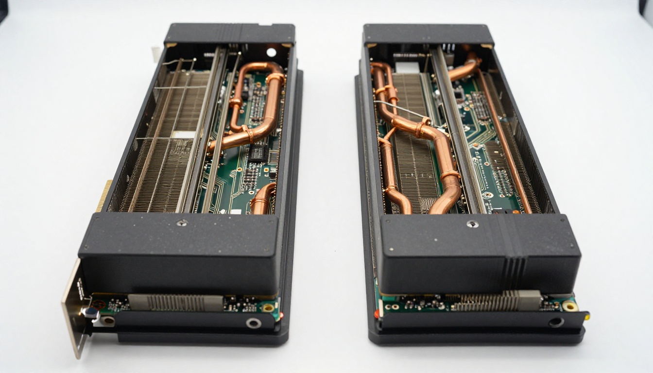 Two graphics cards side by side showing component detail on white display surface Two graphics cards side by side showing component detail on white display surface