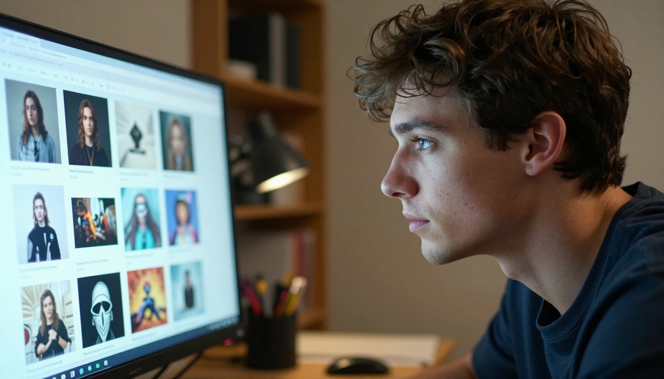 Man focused on large monitor reviewing AI-generated artwork thumbnails at desk
