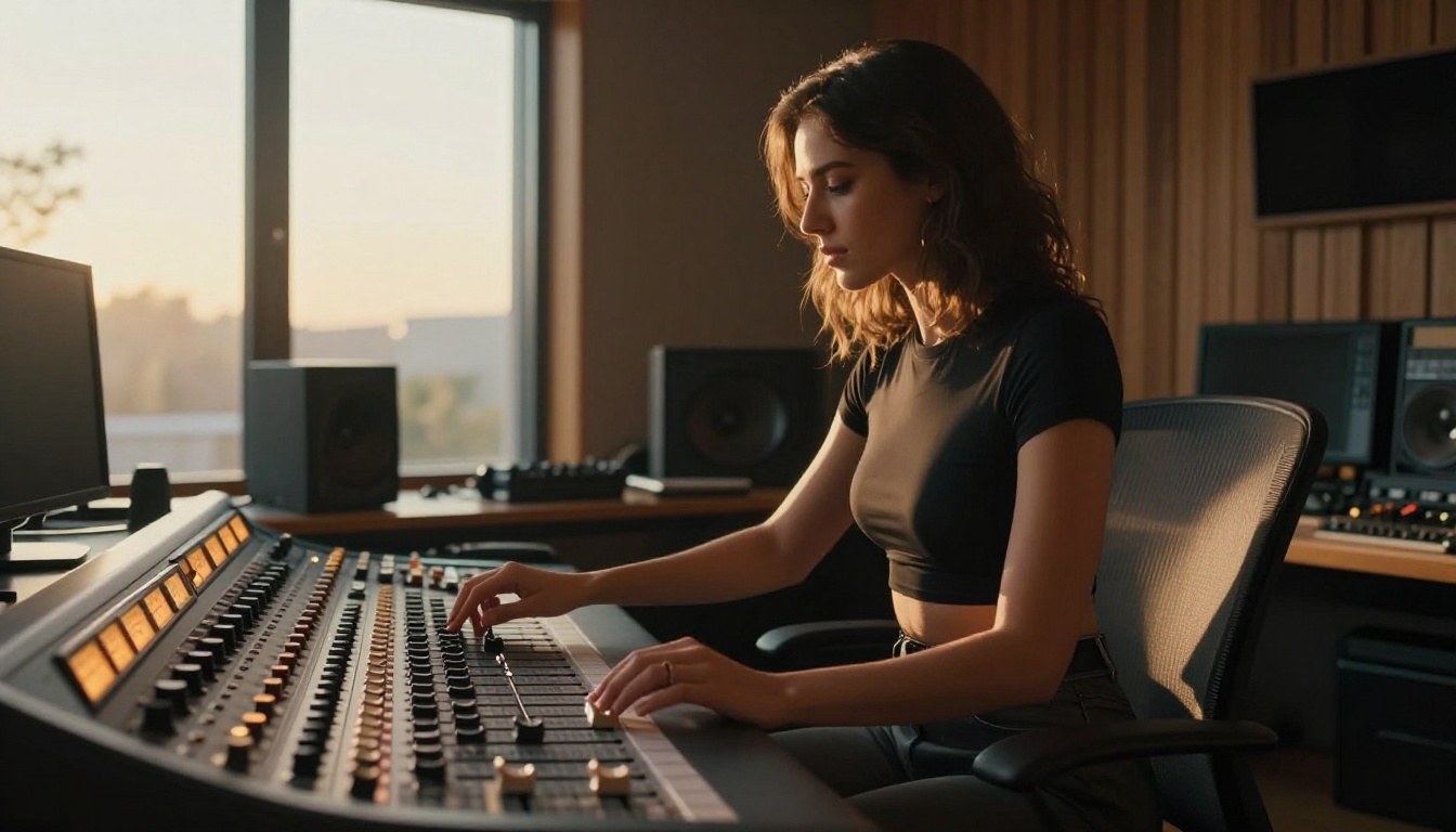 Woman in profile at mixing console with dramatic golden hour rim light