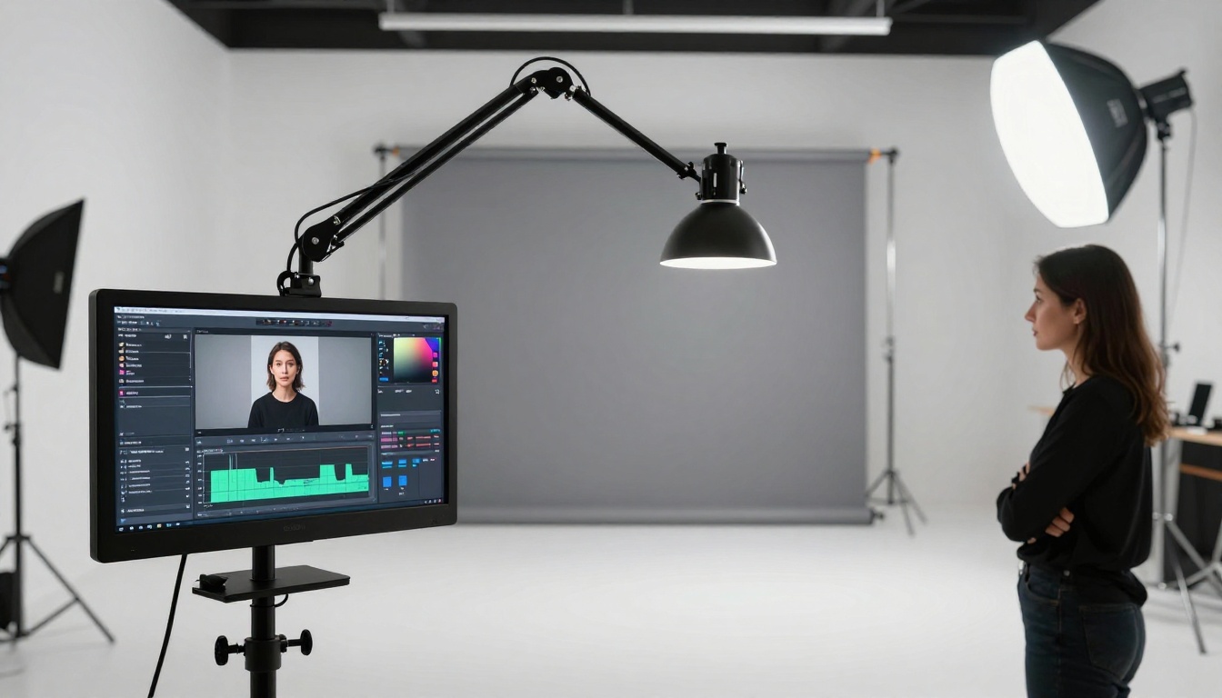Professional photographer standing in studio evaluating AI-generated portrait on large calibrated color monitor