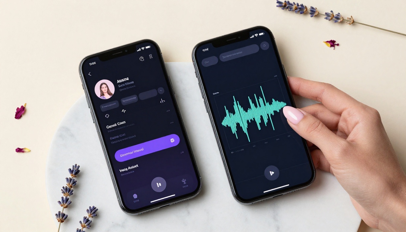 Two smartphones on marble surface showing AI music app versus stock music app with woman's hand
