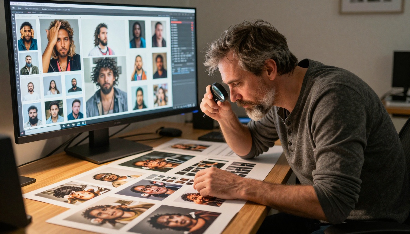 Creative director reviewing printed AI image contact sheet with loupe magnifier at desk with large wall monitor behind