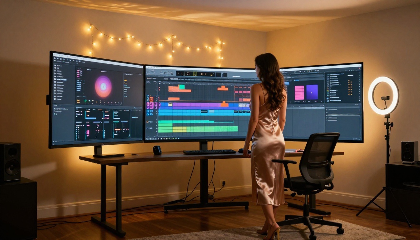 Bedroom studio at night with curved monitor, ring light, and woman in satin dress