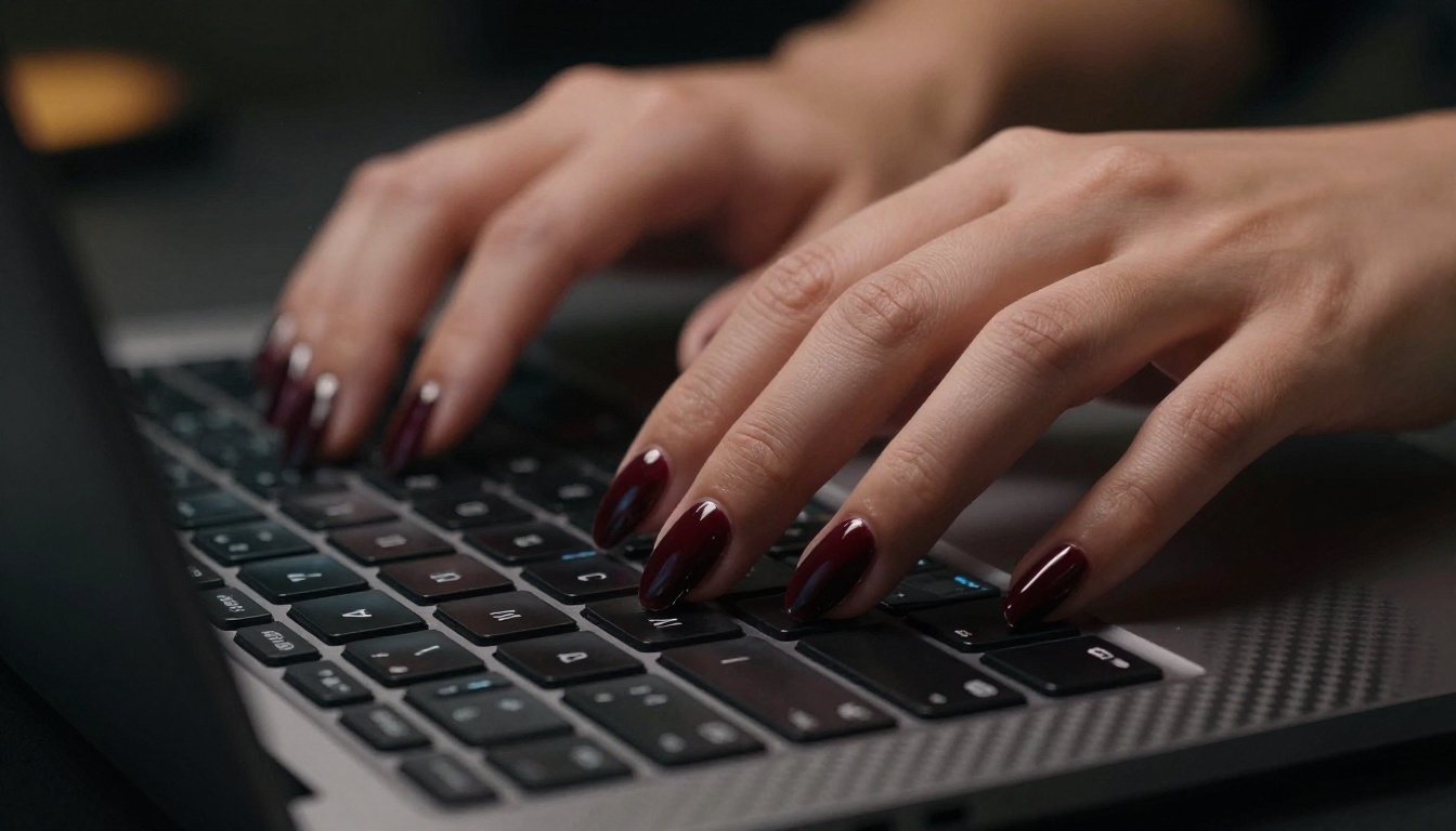 Close-up macro of manicured hands typing on dark laptop with waveform reflection on nails