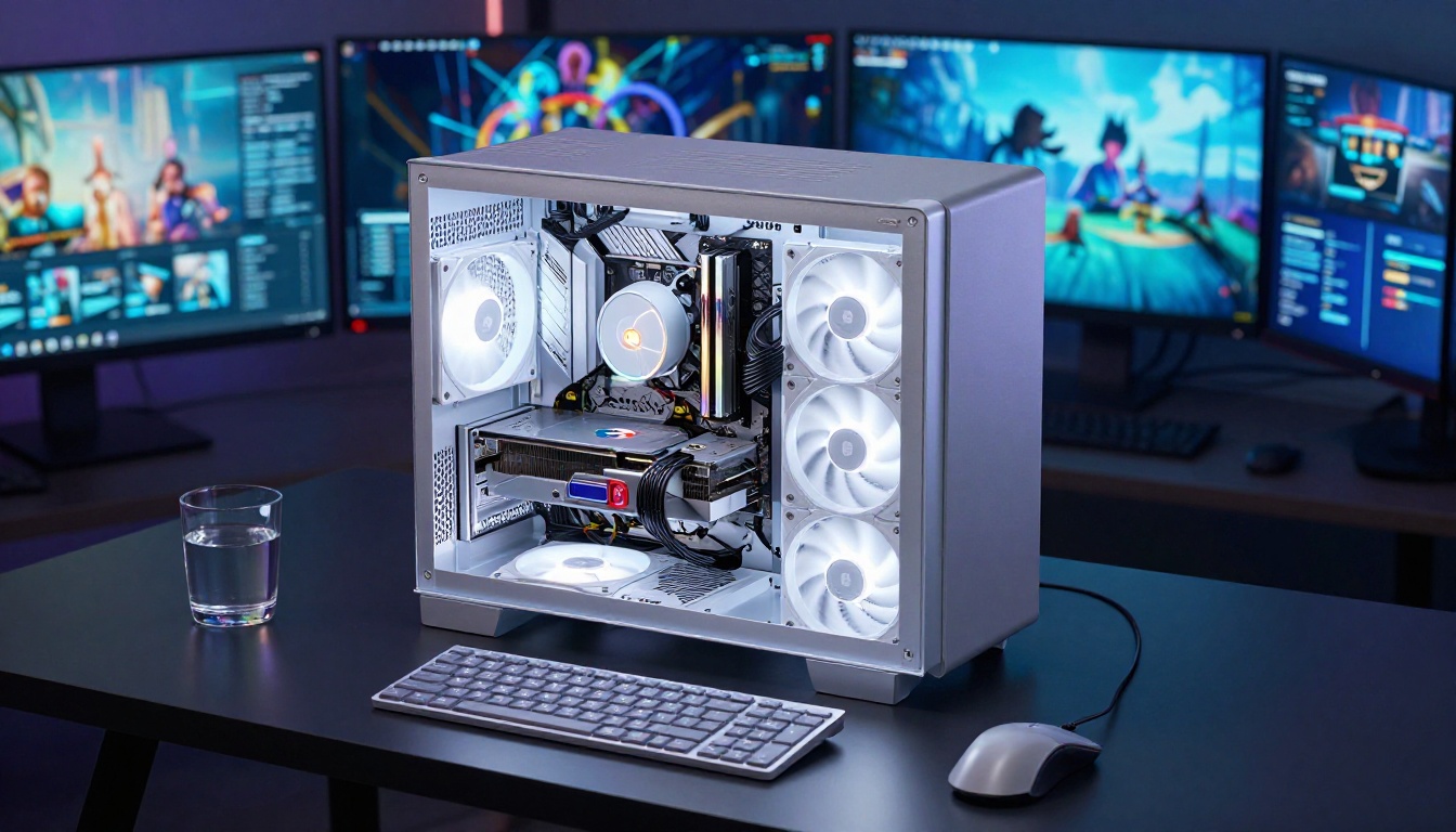 Aerial top-down view of a GPU workstation surrounded by printed video frames arranged in a grid on a dark desk Aerial top-down view of a GPU workstation surrounded by printed video frames arranged in a grid on a dark desk