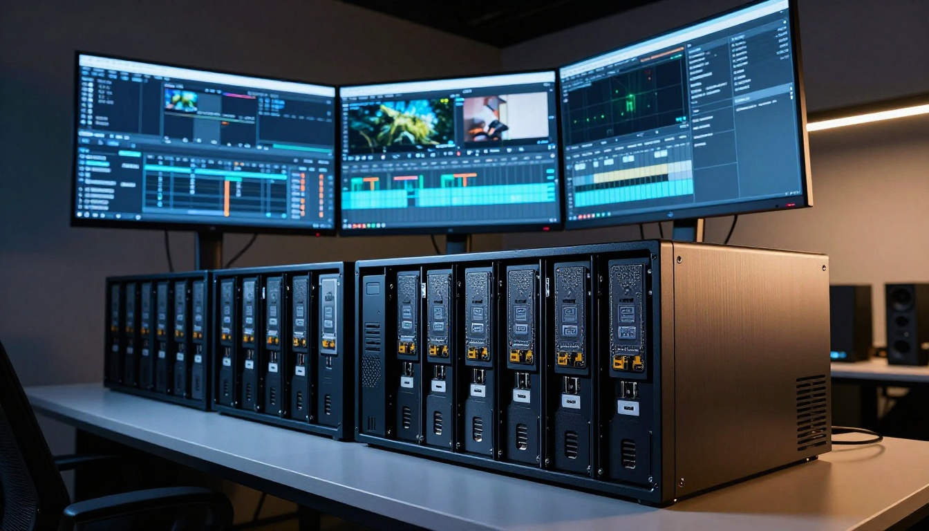 Low-angle shot looking up at a sleek professional workstation tower with ultrawide monitor overhead showing a video interface Low-angle shot looking up at a sleek professional workstation tower with ultrawide monitor overhead showing a video interface