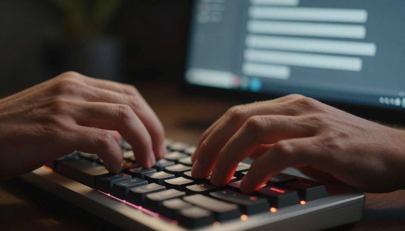 Creator's hands typing an AI video prompt on a mechanical keyboard with soft monitor bokeh glowing in the background Creator's hands typing an AI video prompt on a mechanical keyboard with soft monitor bokeh glowing in the background
