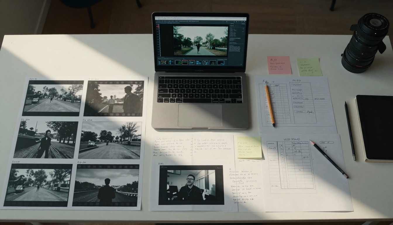 Overhead aerial view of a creative director's workspace with printed video storyboard frames and handwritten notes spread across a desk Overhead aerial view of a creative director's workspace with printed video storyboard frames and handwritten notes spread across a desk