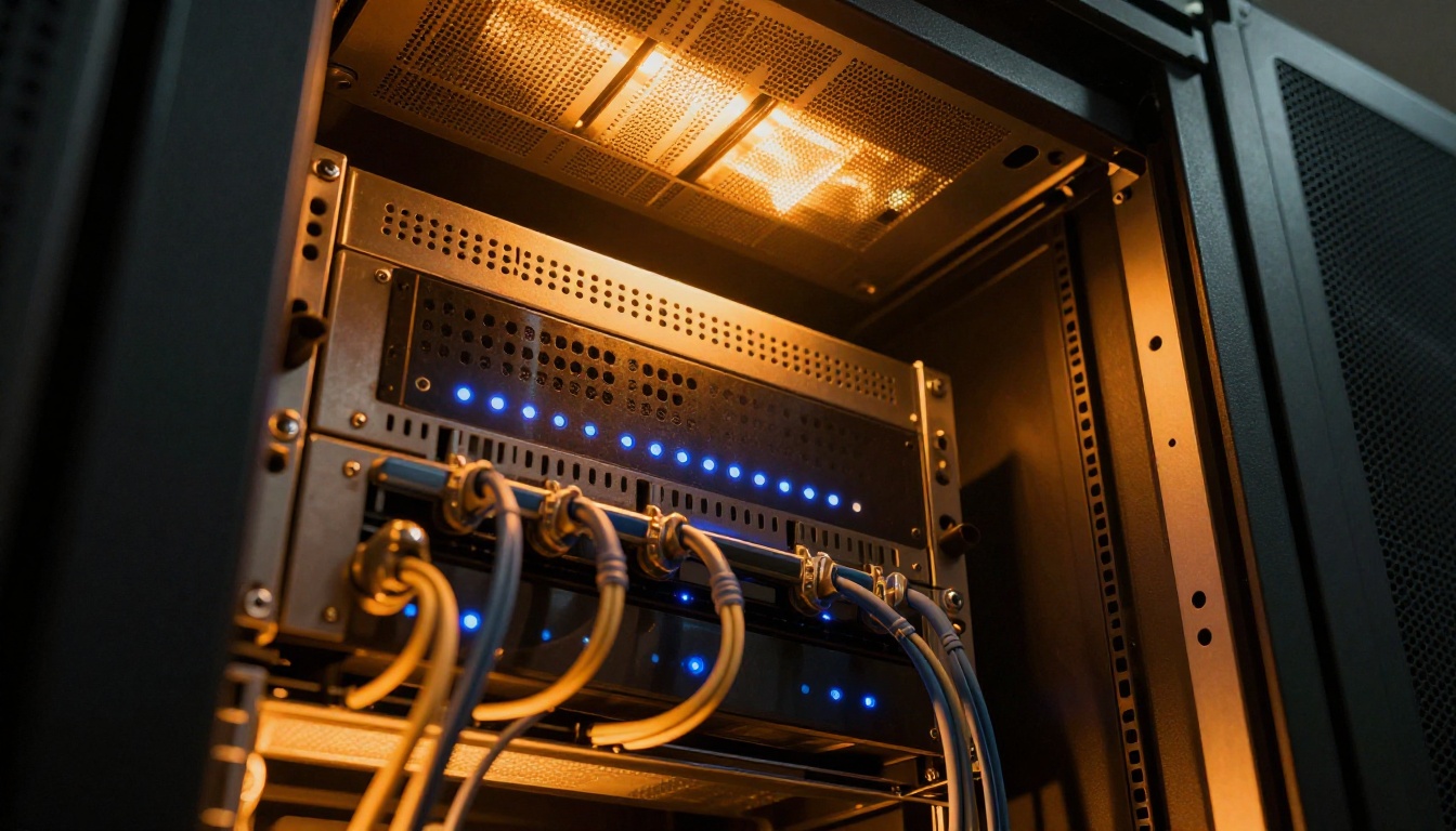 Server rack in data center with amber industrial lighting Server rack in data center with amber industrial lighting