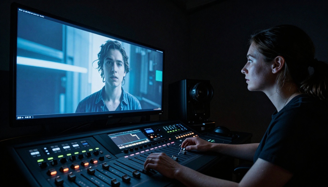 Film director reviewing AI-generated footage on editing console Film director reviewing AI-generated footage on editing console