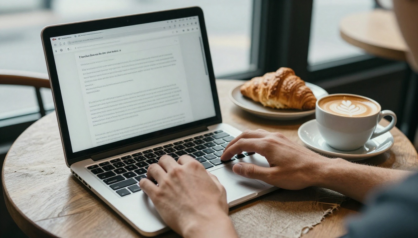Person typing a video generation prompt on a laptop in a cafe Person typing a video generation prompt on a laptop in a cafe