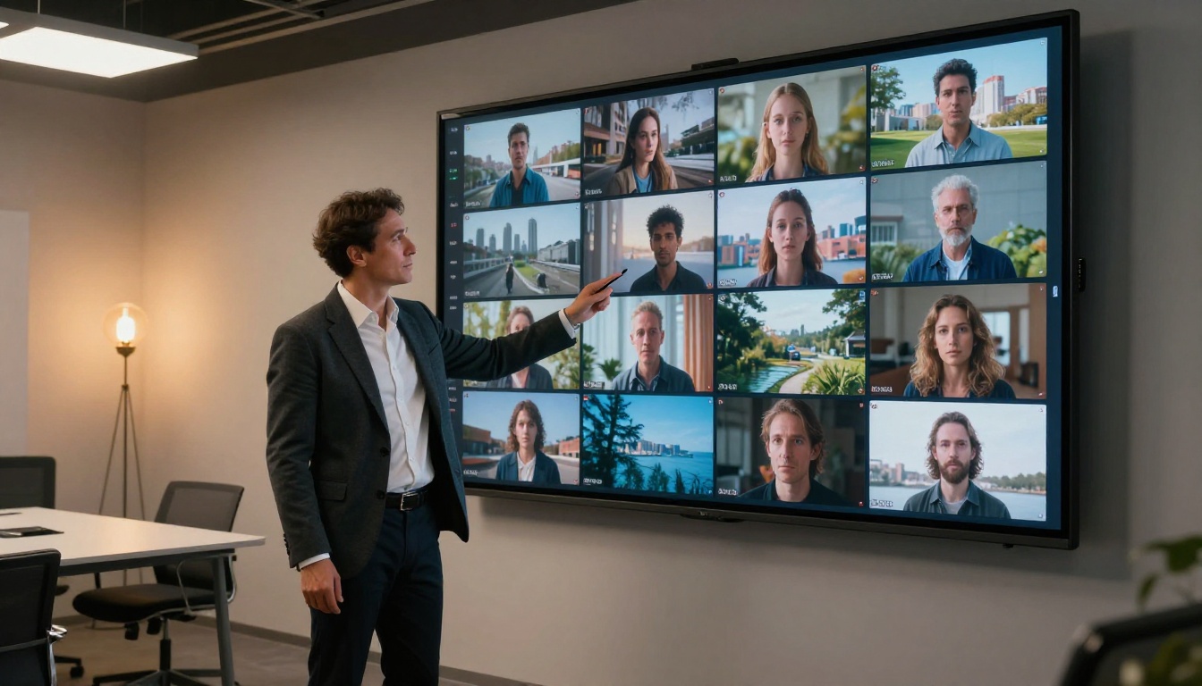 Creative director pointing at a video thumbnail grid on a wall-mounted display Creative director pointing at a video thumbnail grid on a wall-mounted display