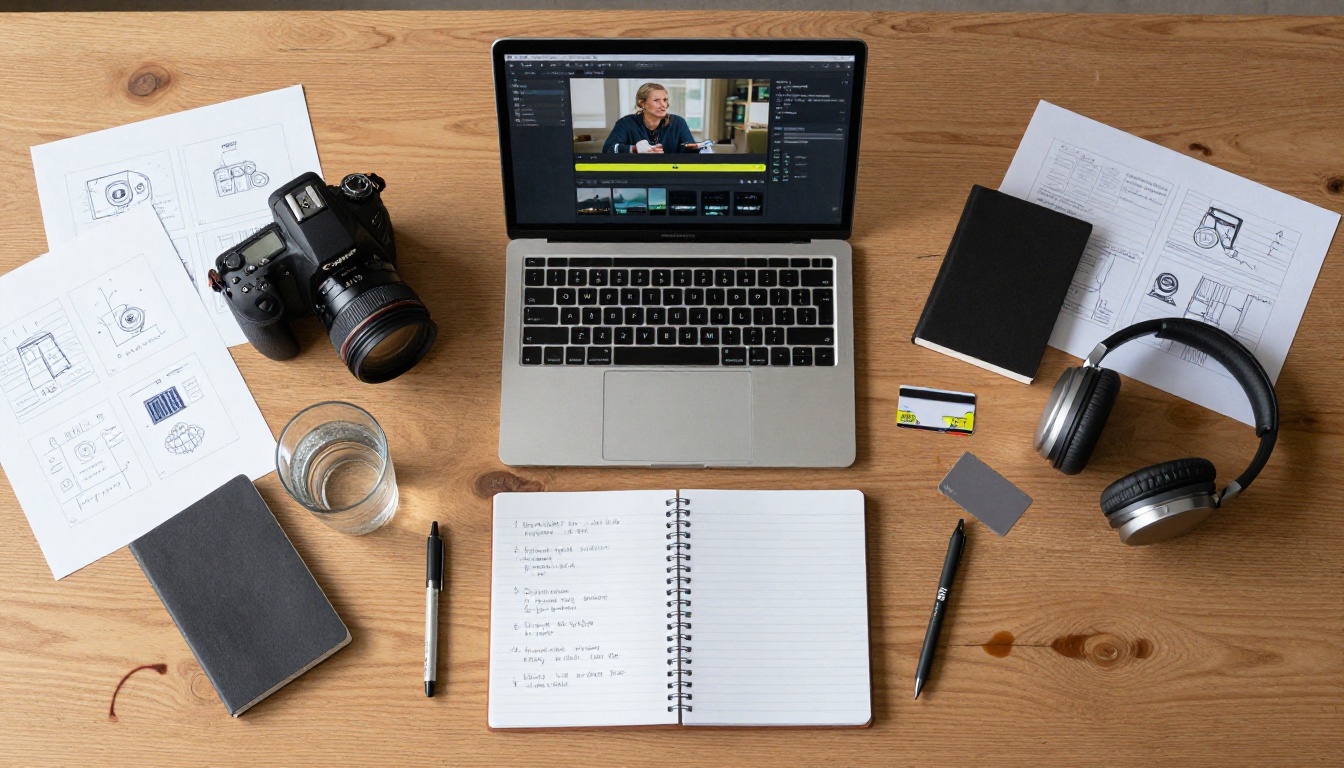 Flat-lay workspace with AI video generation interface and creative tools Flat-lay workspace with AI video generation interface and creative tools